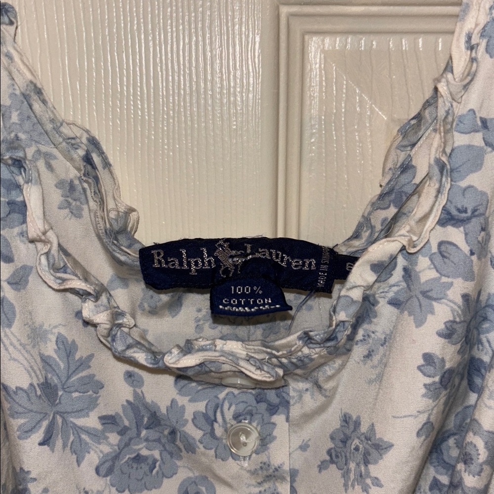 vintage RALPH LAUREN cotton blue white floral long sleeveless summer dress - Picture 4 of 6